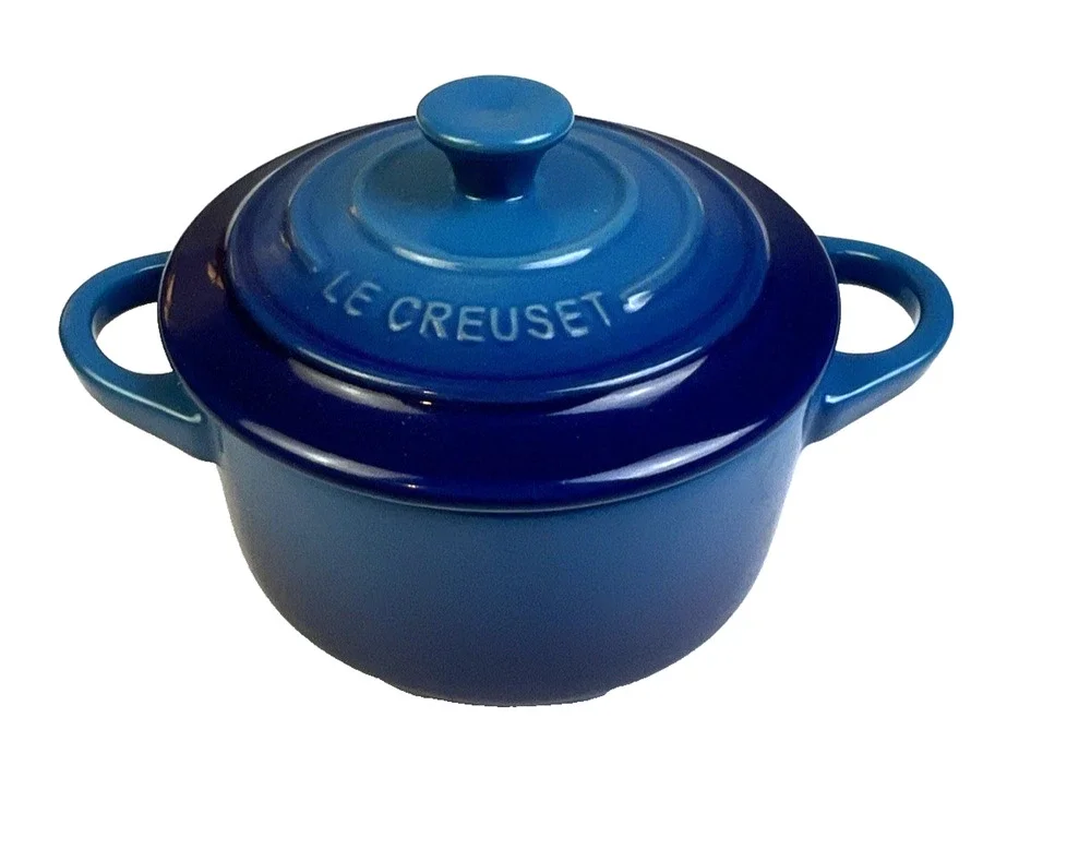 Le Creuset Mini Round Cocotte Covered Dish 8oz Stoneware Blue Covered Cookware